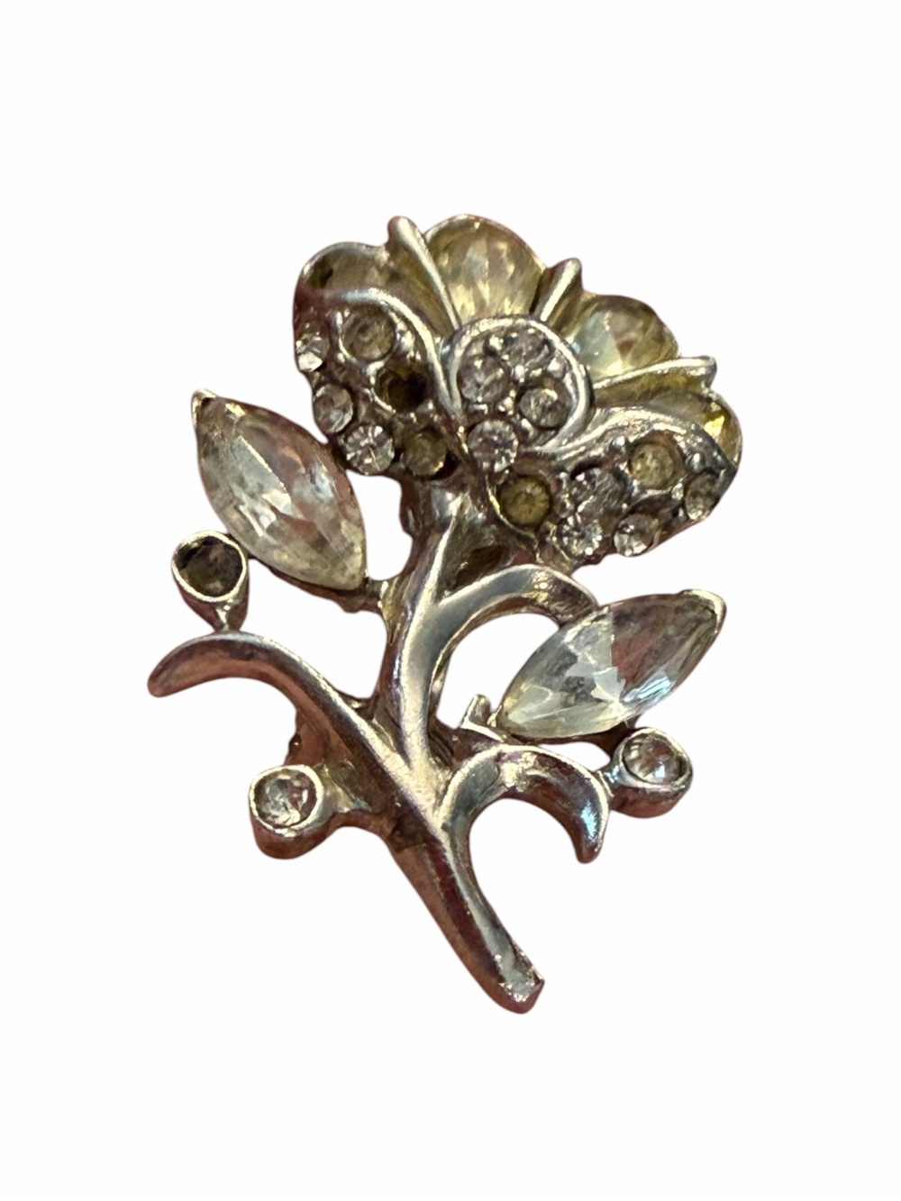 Vintage 1950’s Pot Metal‎ Clear Rhinestone Flower Brooch Silver Tone Pin Estate